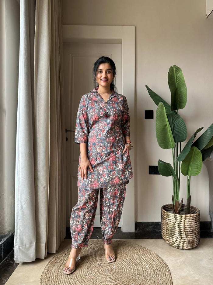 Pavi Printed Coord Set- Grey Ajrakh