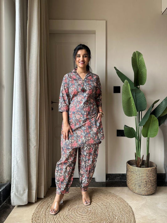 Pavi Printed Coord Set- Grey Ajrakh