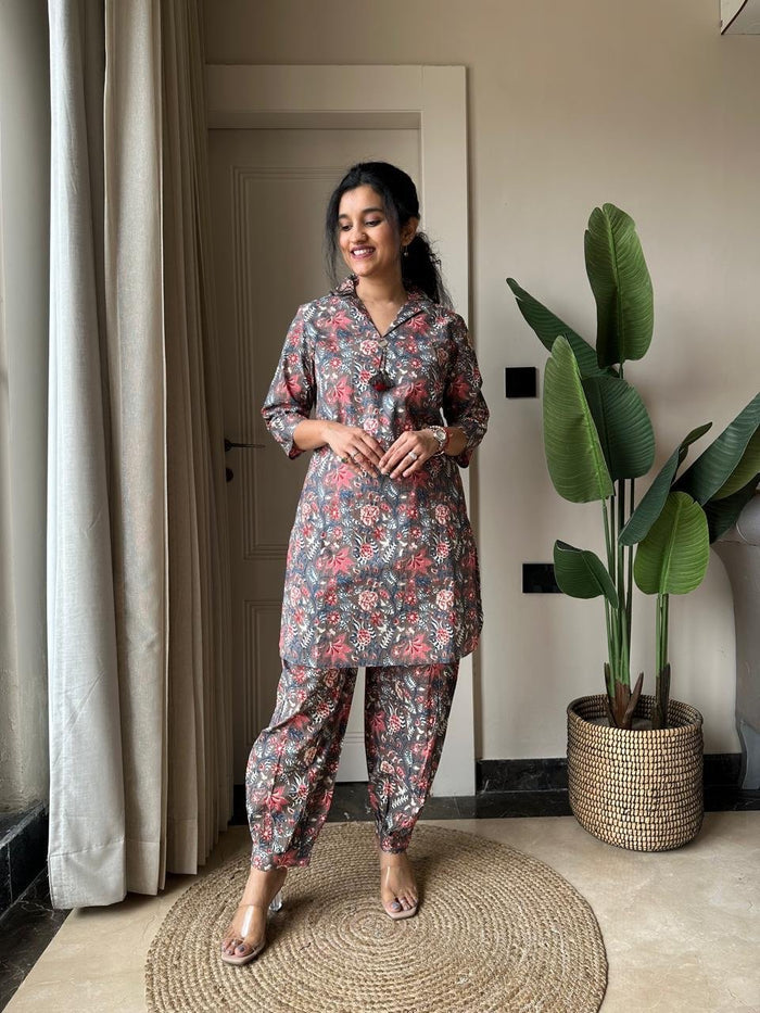 Pavi Printed Coord Set- Grey Ajrakh