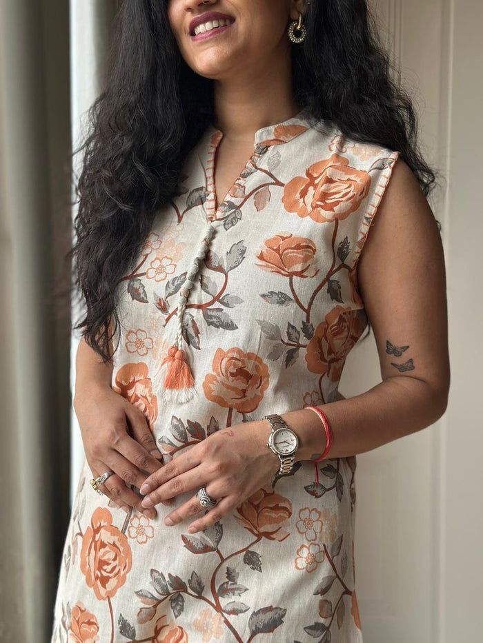 Pavitra Slub Cotton Coord Set- Orange Florals
