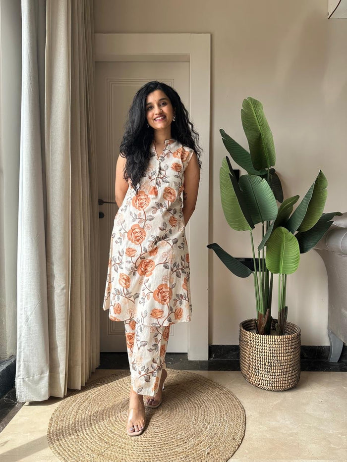 Pavitra Slub Cotton Coord Set- Orange Florals