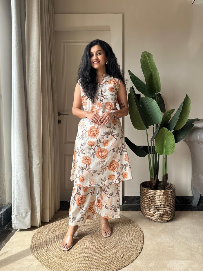 Pavitra Slub Cotton Coord Set- Orange Florals