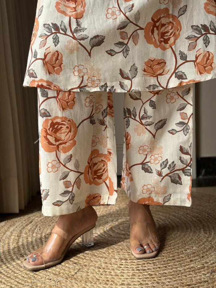 Pavitra Slub Cotton Coord Set- Orange Florals