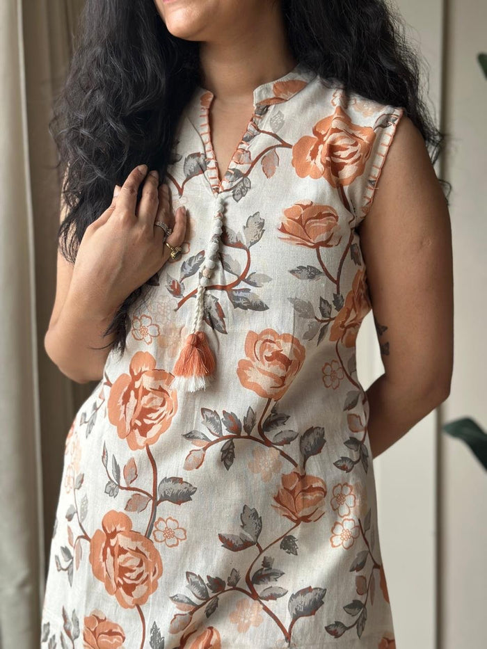 Pavitra Slub Cotton Coord Set- Orange Florals