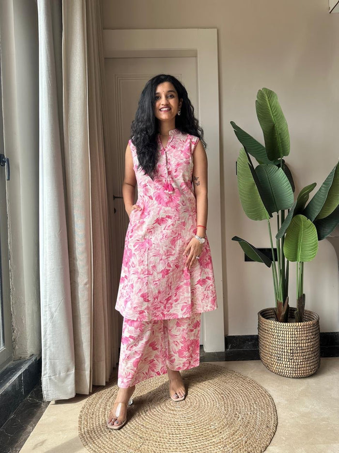 Pavitra Slub Cotton Coord Set- Pink Fizz