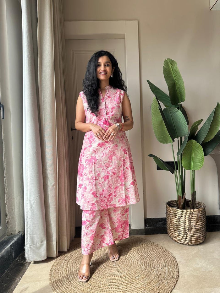 Pavitra Slub Cotton Coord Set- Pink Fizz