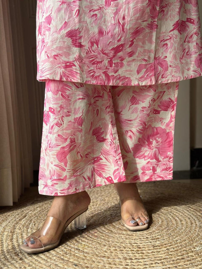 Pavitra Slub Cotton Coord Set- Pink Fizz