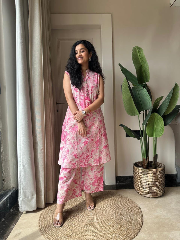 Pavitra Slub Cotton Coord Set- Pink Fizz