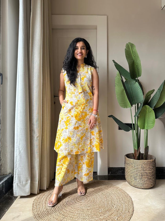 Pavitra Slub Cotton Coord Set- Yellow Fizz