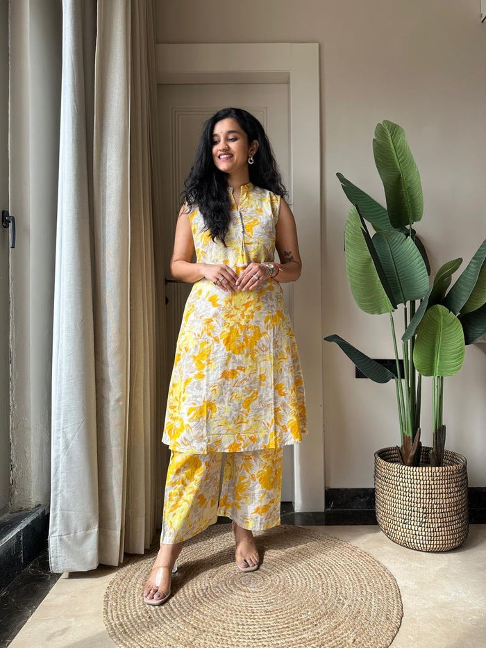Pavitra Slub Cotton Coord Set- Yellow Fizz