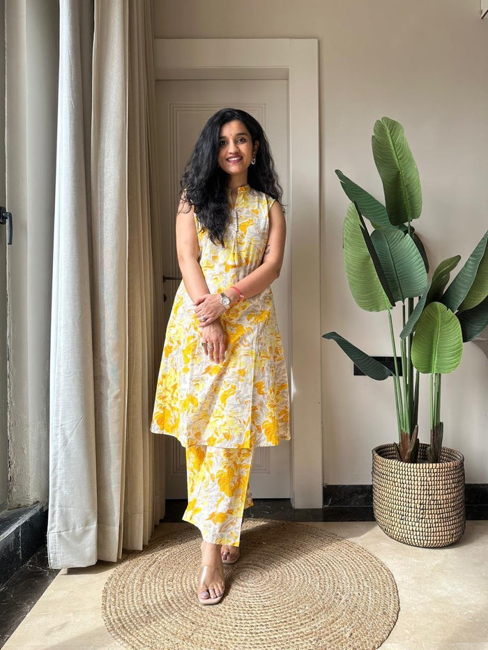 Pavitra Slub Cotton Coord Set- Yellow Fizz