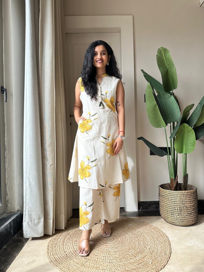 Pavitra Slub Cotton Coord Set- Yellow Flowers