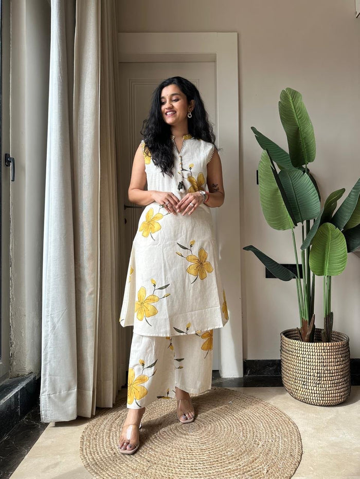 Pavitra Slub Cotton Coord Set- Yellow Flowers