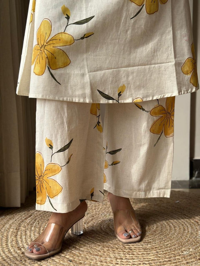 Pavitra Slub Cotton Coord Set- Yellow Flowers