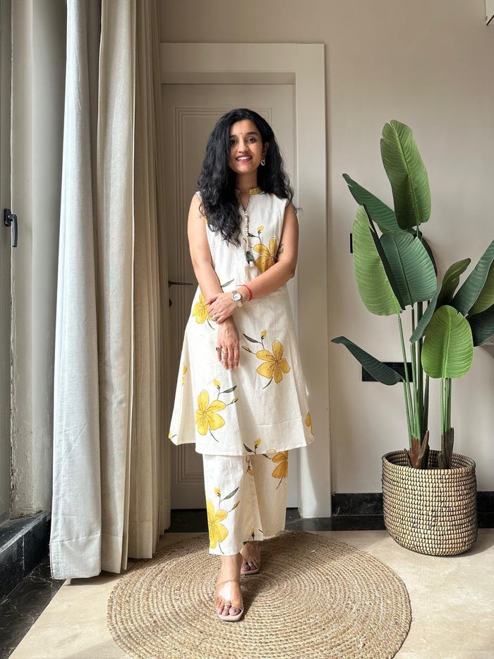 Pavitra Slub Cotton Coord Set- Yellow Flowers