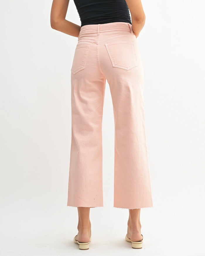 back view of peach wide leg denim with raw hem from Ardor Boutique