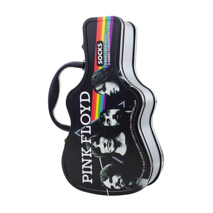 Three pairs of Perri's Pink Floyd guitar-themed socks in a tin box, showcasing colorful musical and guitar designs.