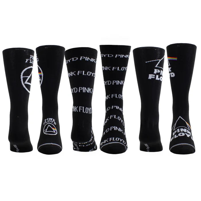 Perri's Pink Floyd guitar-themed tin sock box with three pairs of colorful socks featuring band imagery and musical designs.