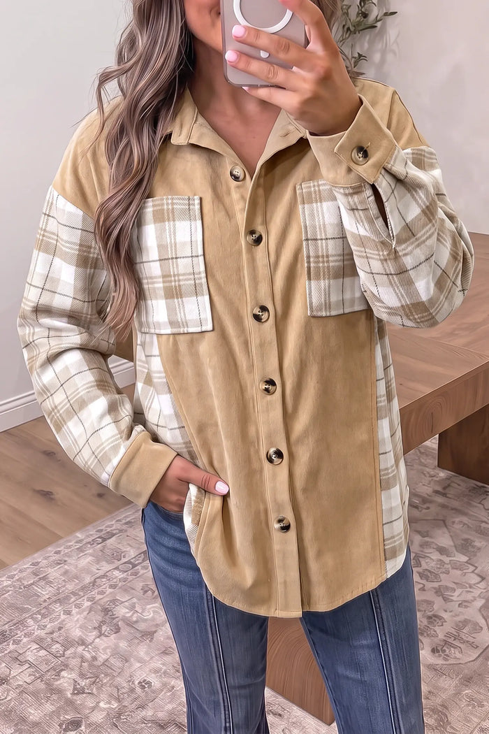 Plaid Colorblock Shirt Collar Shift Shacket – Light French Beige