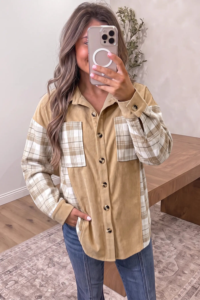 Plaid Colorblock Shirt Collar Shift Shacket – Light French Beige