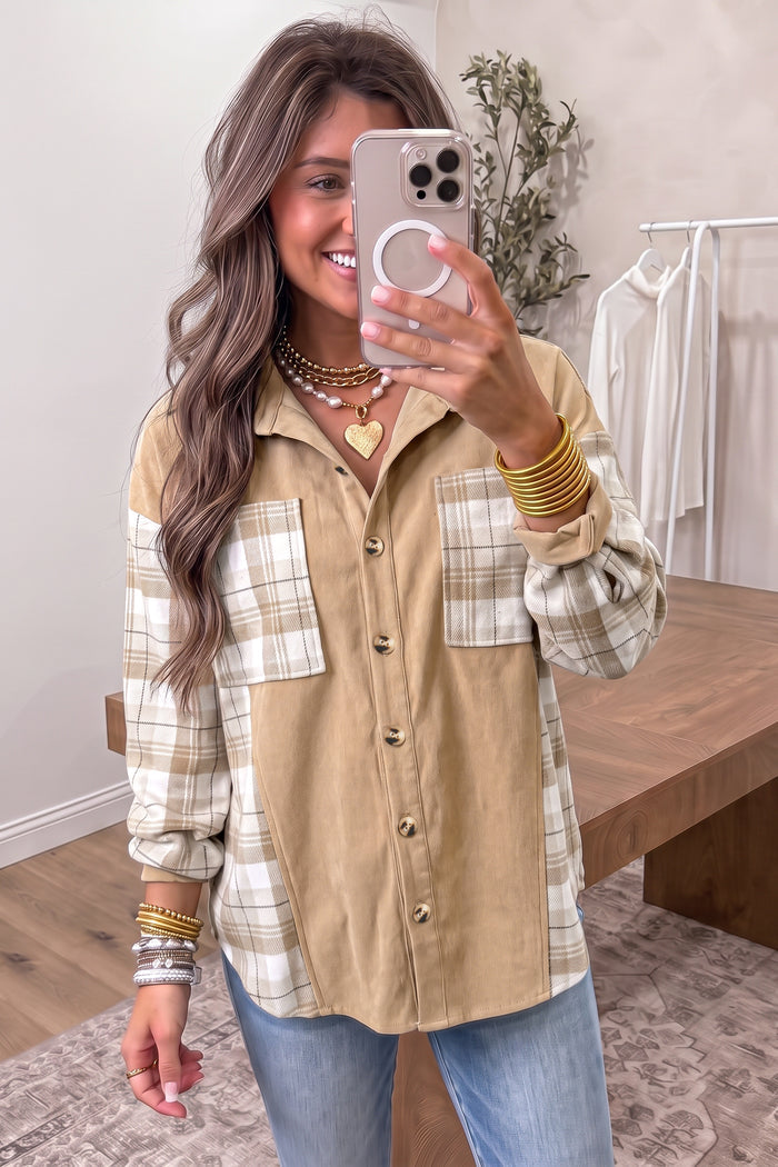 Plaid Colorblock Shirt Collar Shift Shacket – Light French Beige
