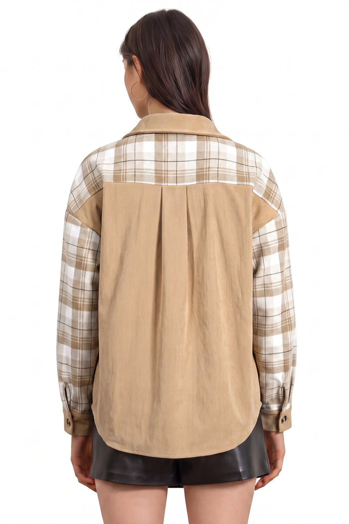 Plaid Colorblock Shirt Collar Shift Shacket – Light French Beige