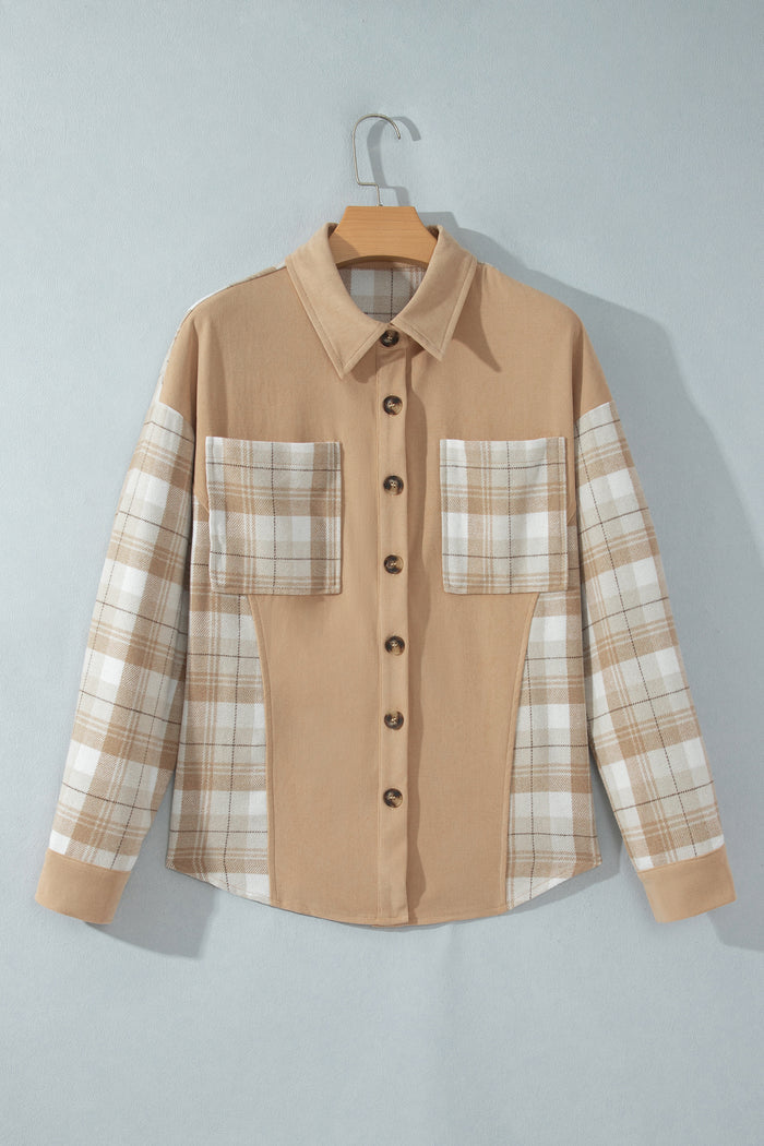 Plaid Colorblock Shirt Collar Shift Shacket – Light French Beige