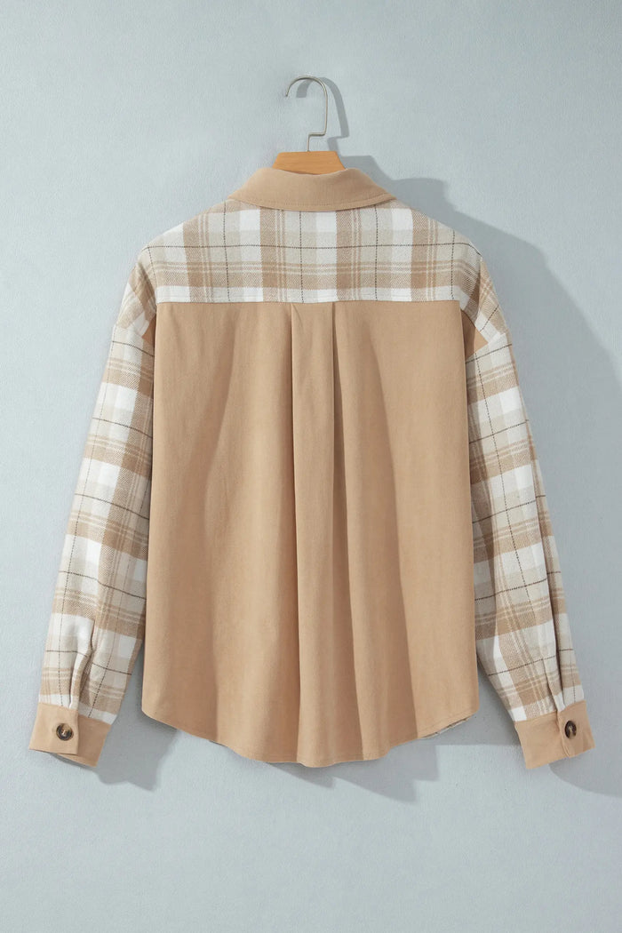 Plaid Colorblock Shirt Collar Shift Shacket – Light French Beige