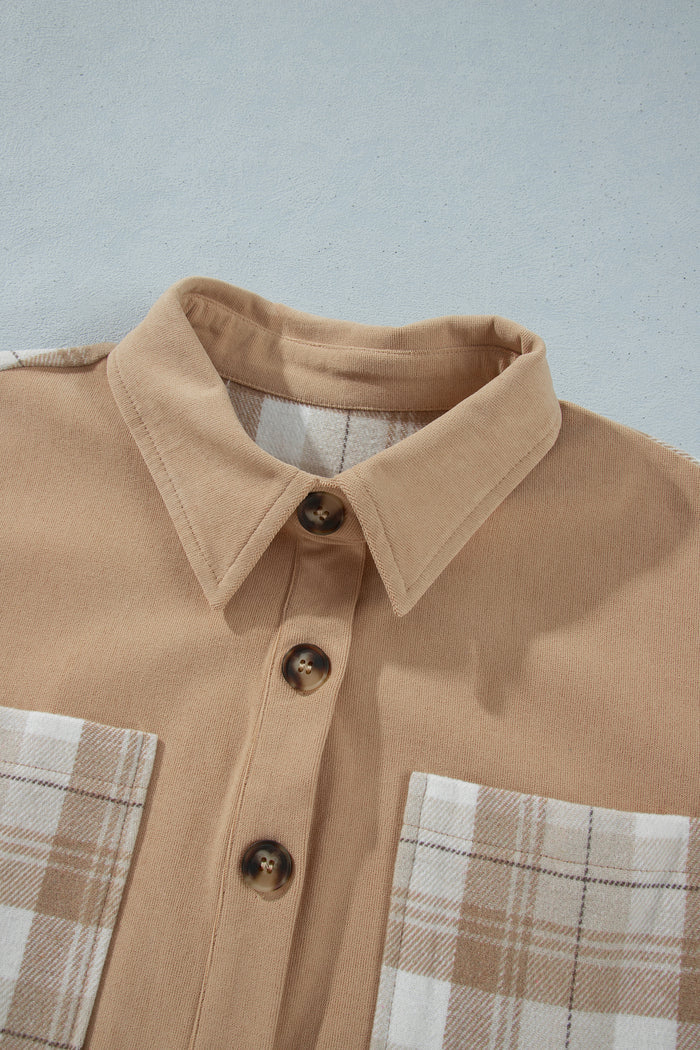 Plaid Colorblock Shirt Collar Shift Shacket – Light French Beige