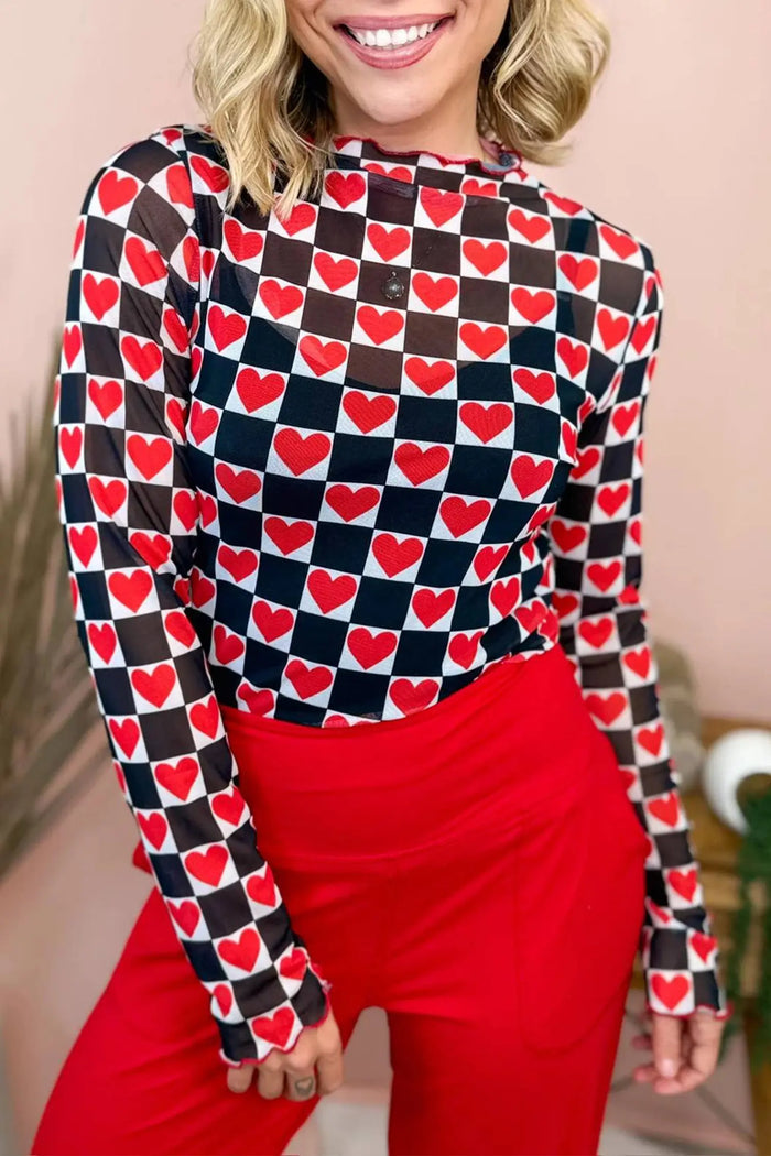 Plaid Heart Mesh Sheer Long Sleeve High Neck Blouse – Black