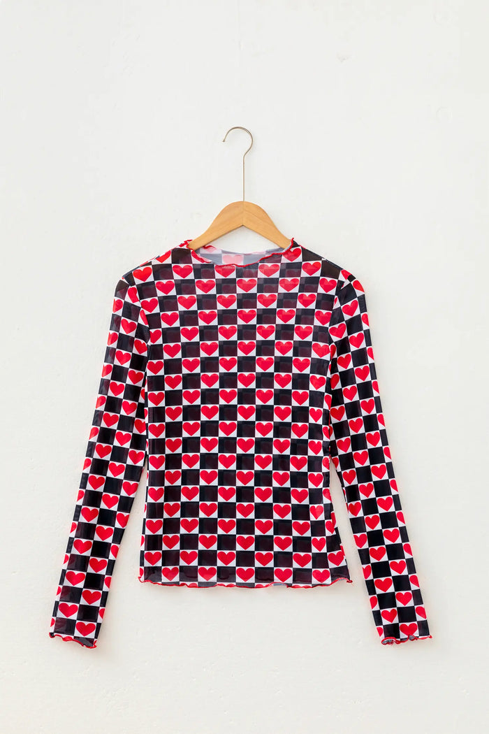 Plaid Heart Mesh Sheer Long Sleeve High Neck Blouse – Black