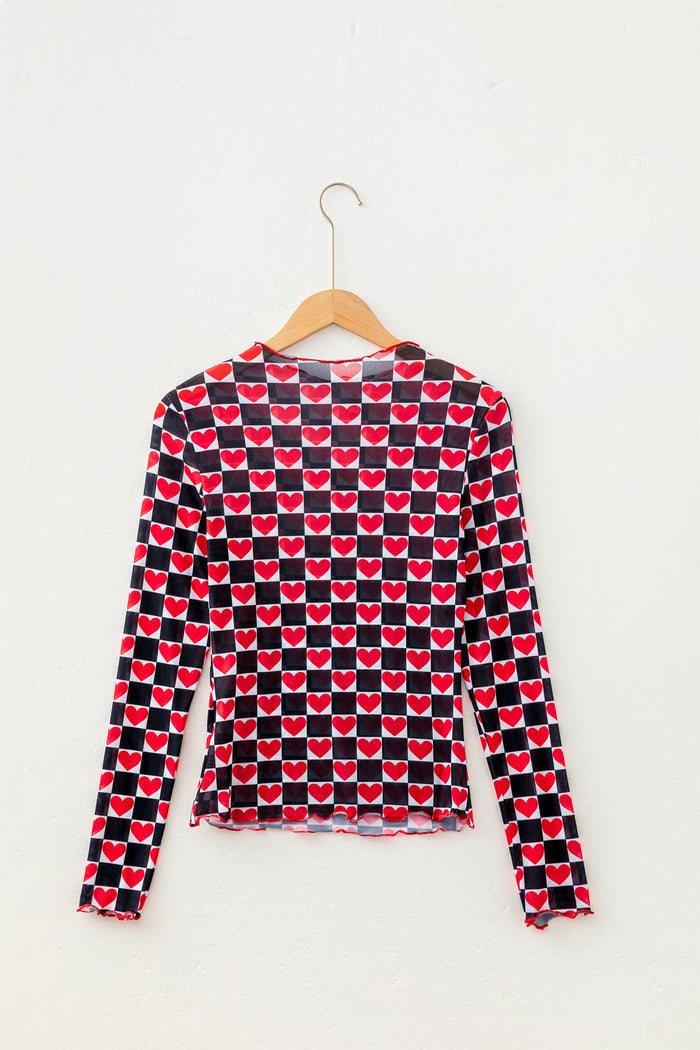 Plaid Heart Mesh Sheer Long Sleeve High Neck Blouse – Black