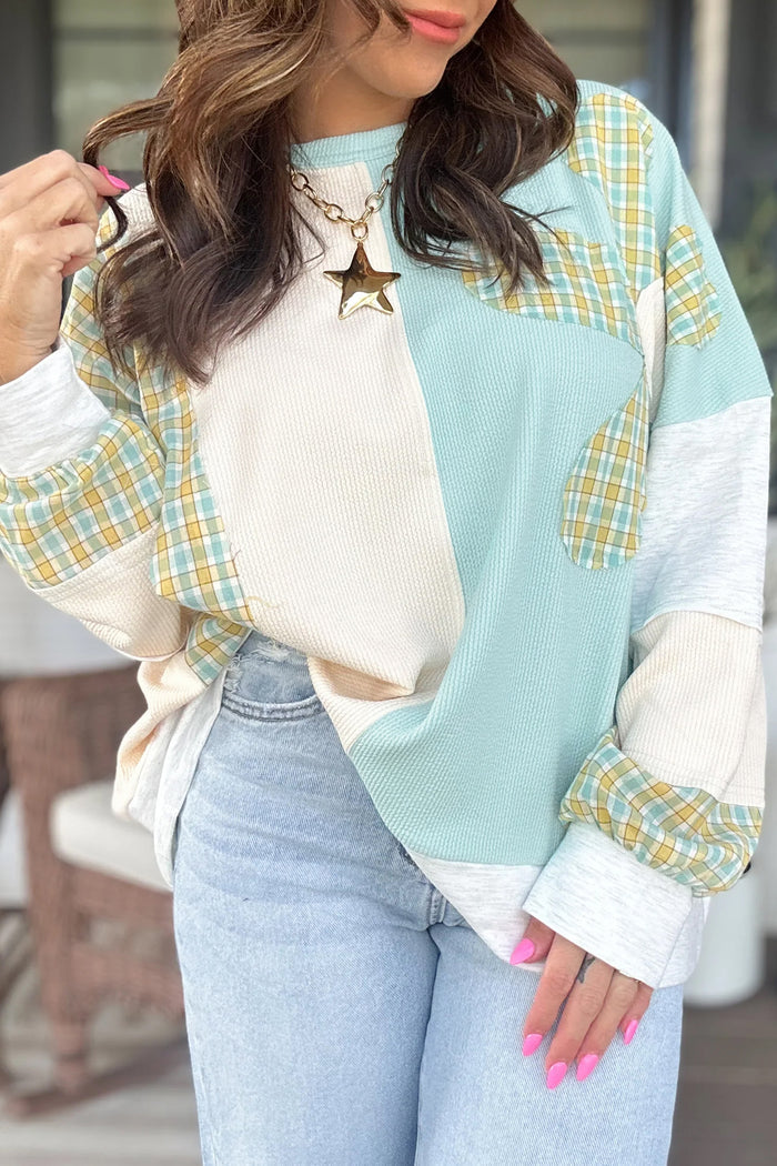 Plaid Patchwork Round Neck Long Sleeve Top – Light Blue