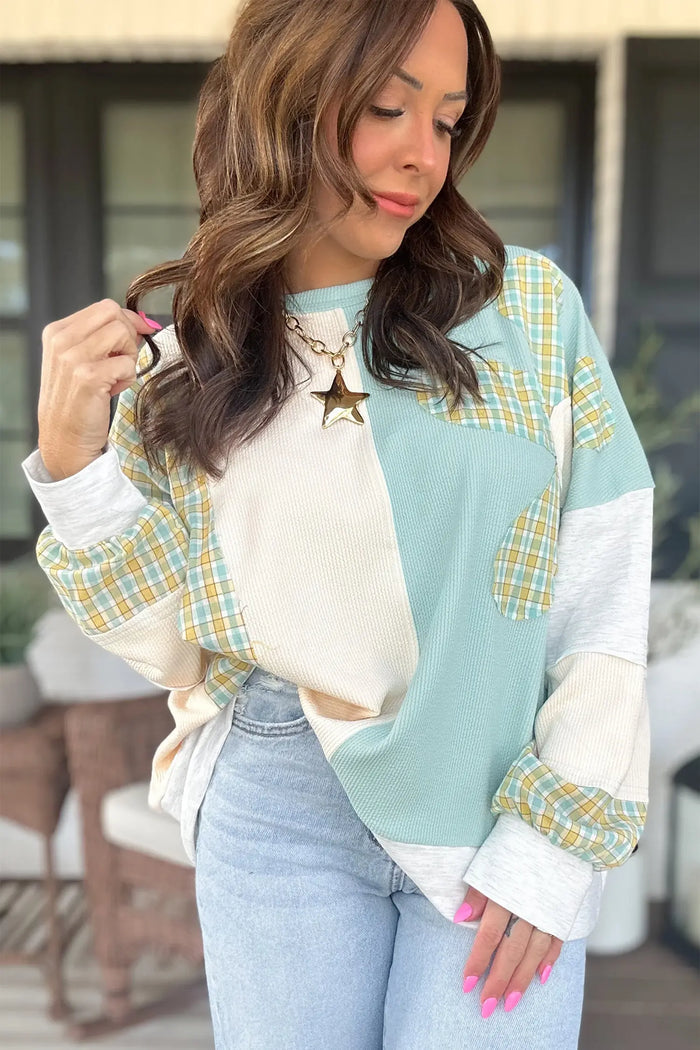 Plaid Patchwork Round Neck Long Sleeve Top – Light Blue
