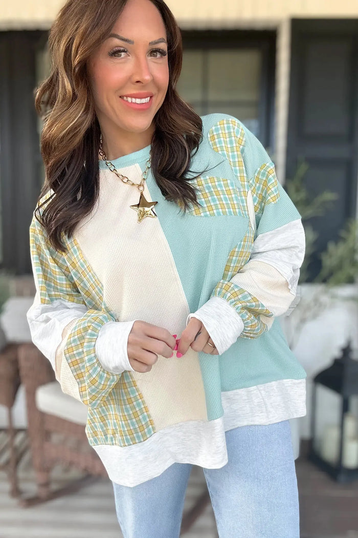 Plaid Patchwork Round Neck Long Sleeve Top – Light Blue