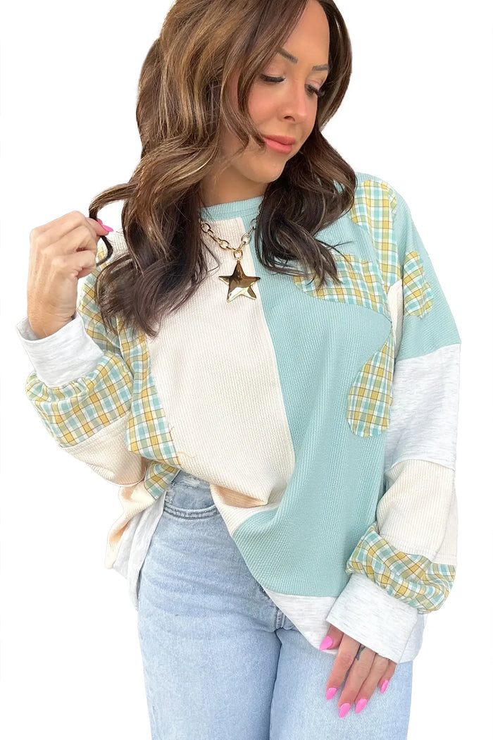 Plaid Patchwork Round Neck Long Sleeve Top – Light Blue