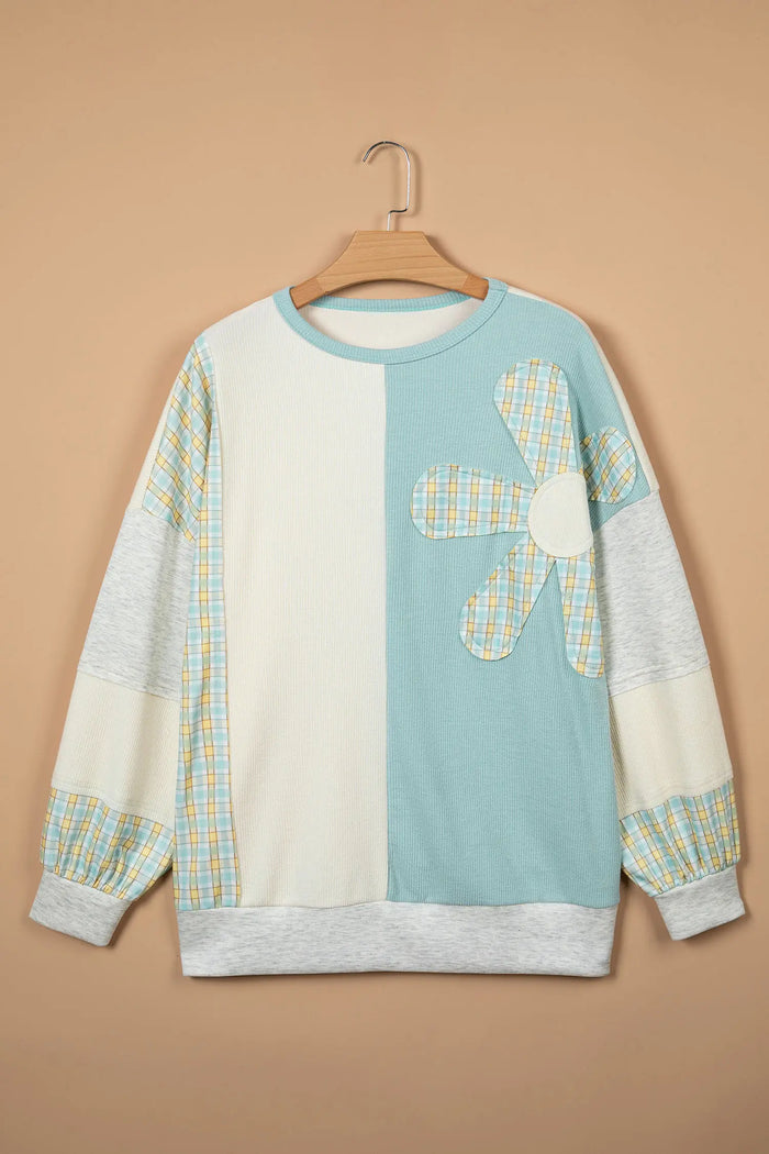 Plaid Patchwork Round Neck Long Sleeve Top – Light Blue