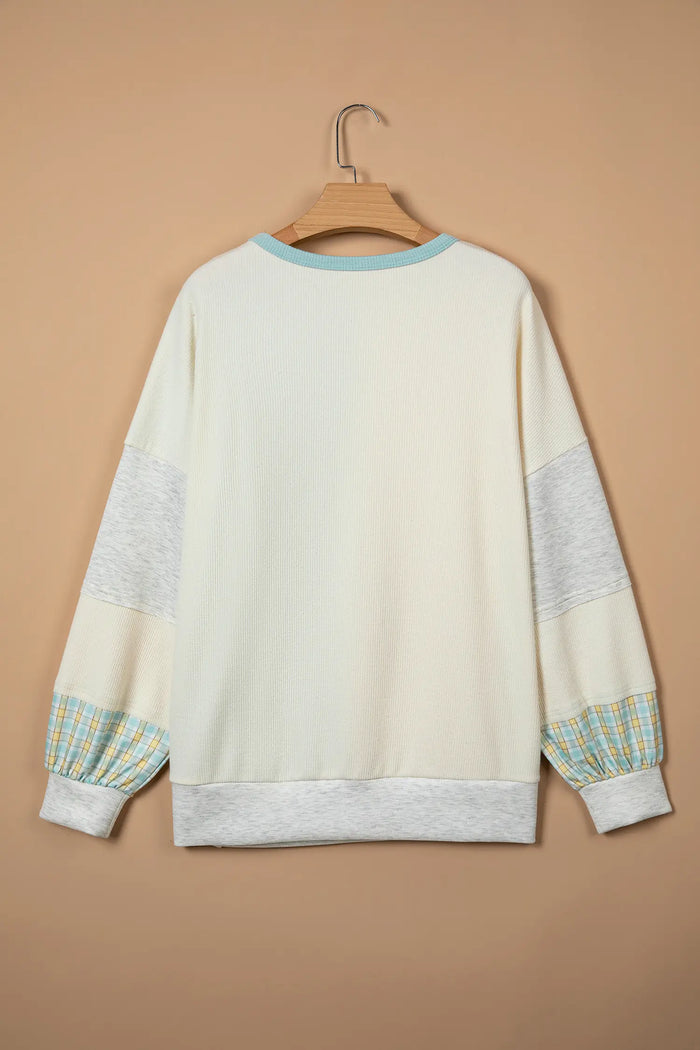 Plaid Patchwork Round Neck Long Sleeve Top – Light Blue