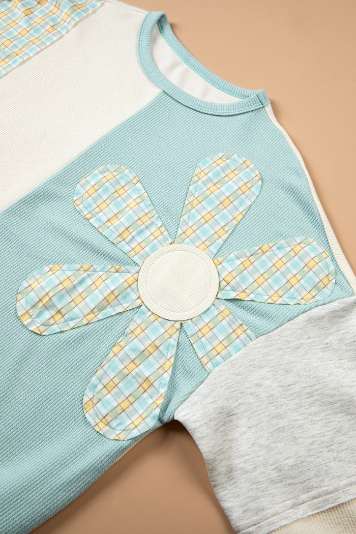 Plaid Patchwork Round Neck Long Sleeve Top – Light Blue