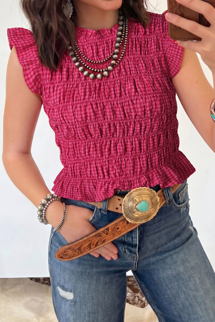 Plaid Shirred Ruffle Trim Tank Top – Red
