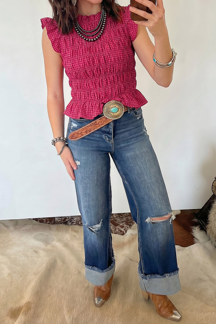 Plaid Shirred Ruffle Trim Tank Top – Red