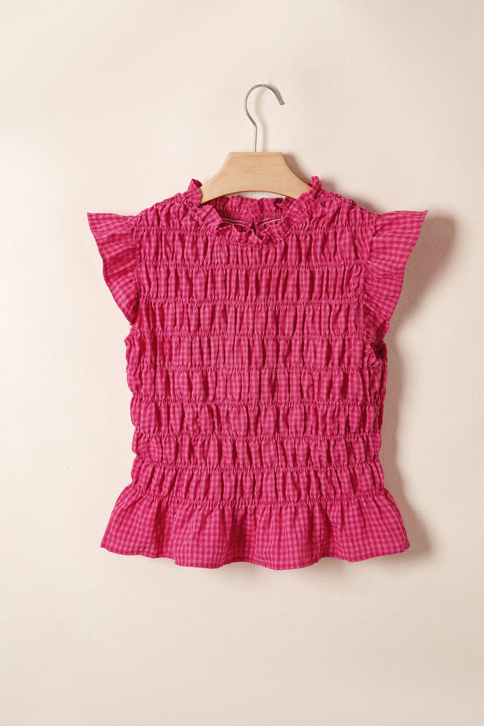 Plaid Shirred Ruffle Trim Tank Top – Red