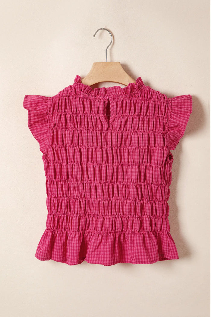 Plaid Shirred Ruffle Trim Tank Top – Red