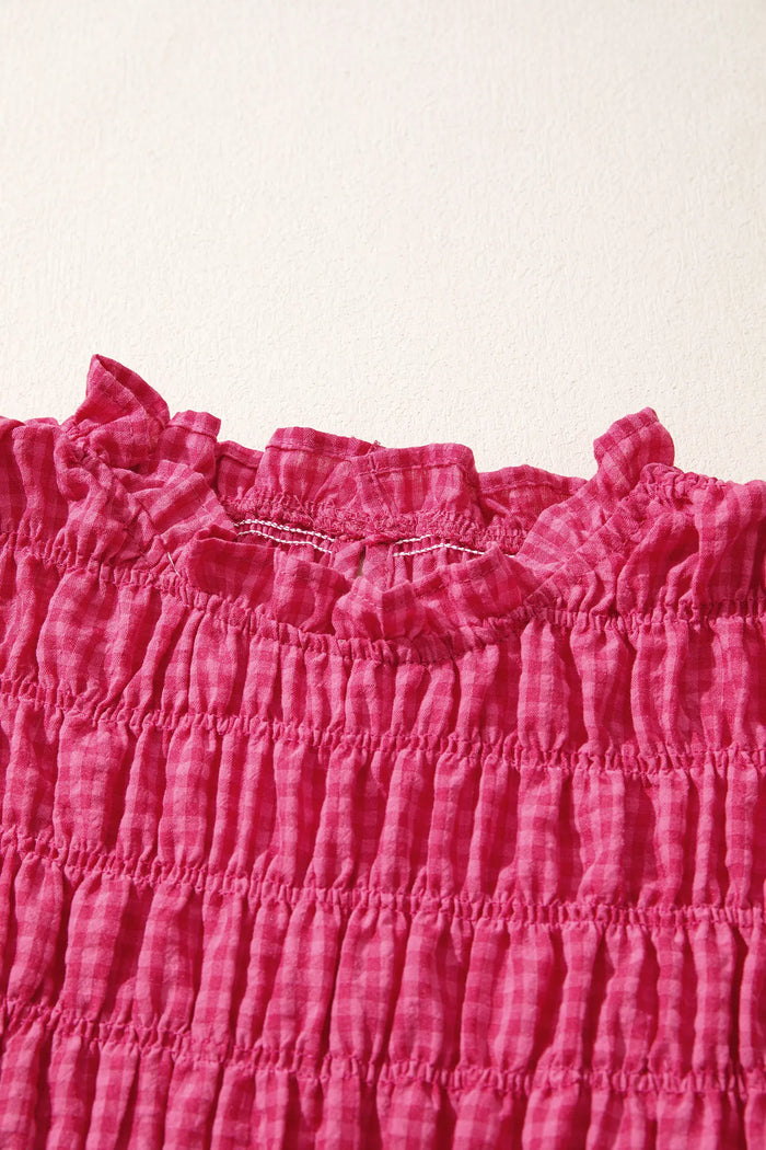Plaid Shirred Ruffle Trim Tank Top – Red