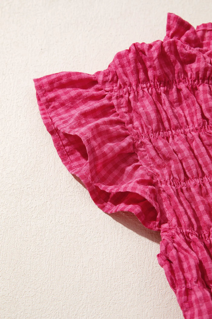 Plaid Shirred Ruffle Trim Tank Top – Red