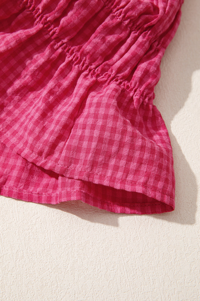 Plaid Shirred Ruffle Trim Tank Top – Red