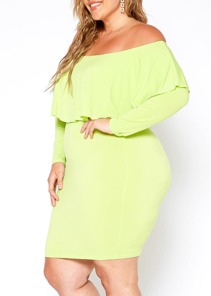 Plus Size Long Sleeves Ruffle Off Shoulder Bodycon Mini Dress Made in USA