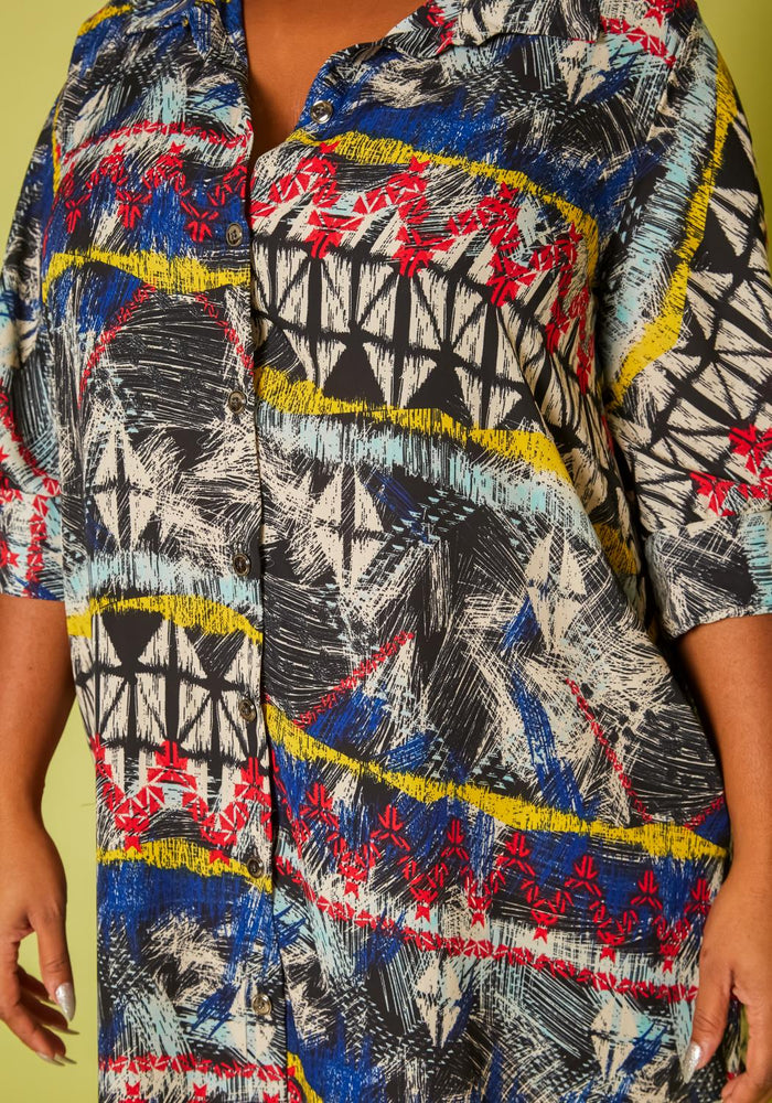 Plus Size Multi Print Collar Neck Mini Dress