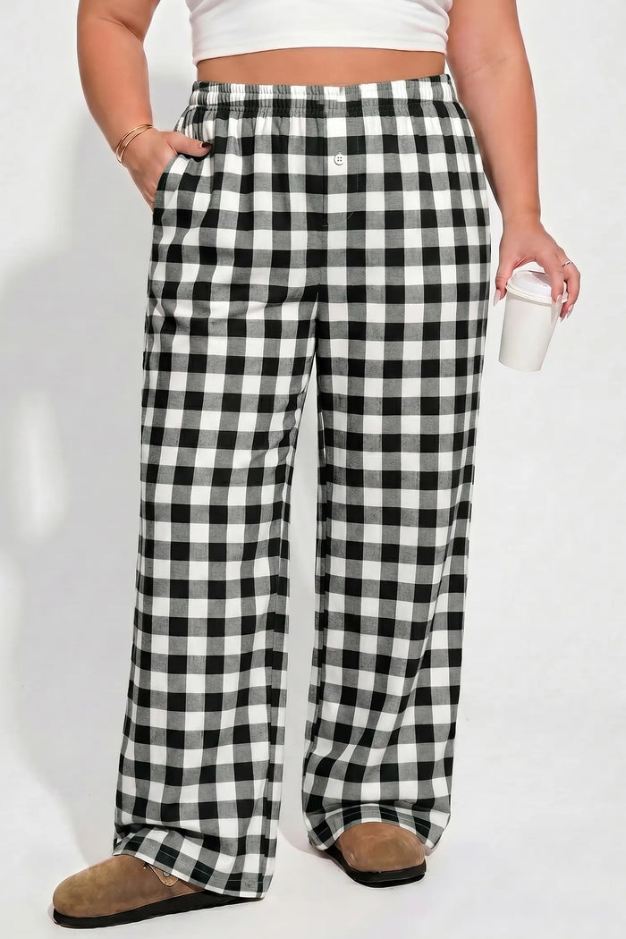 Plus Size Plaid Pattern Elastic Waist Shift Pants – Black