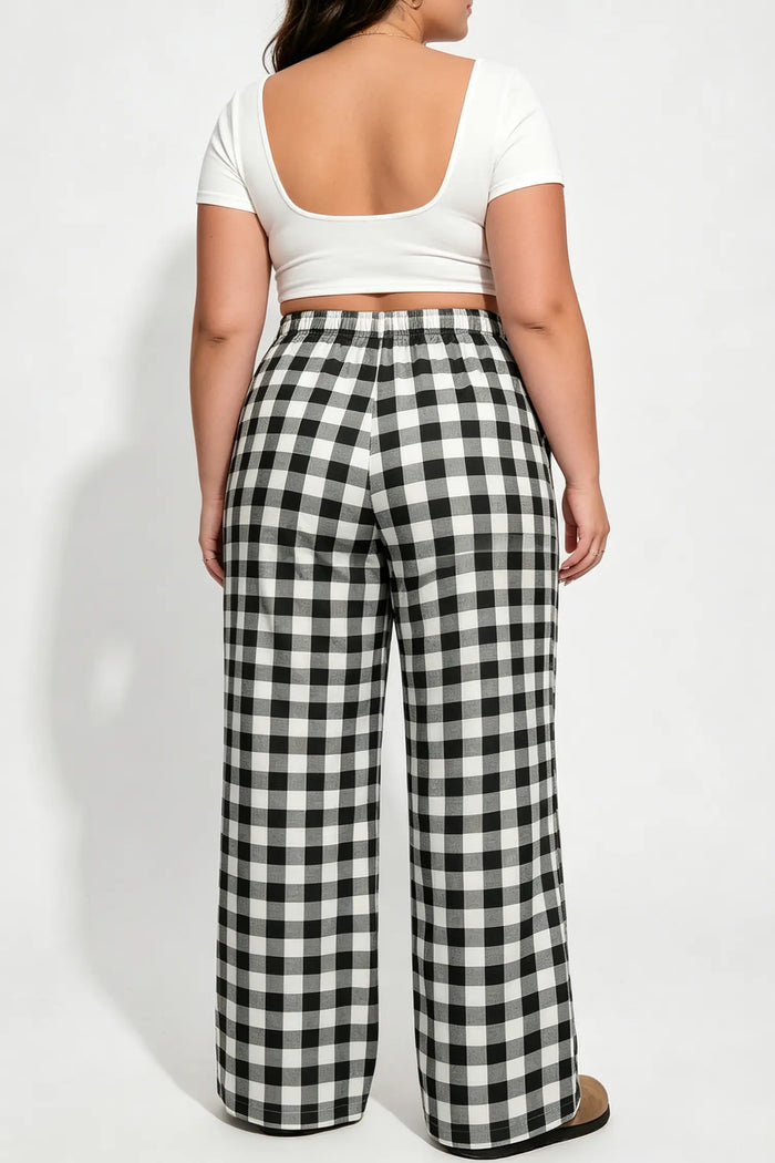Plus Size Plaid Pattern Elastic Waist Shift Pants – Black
